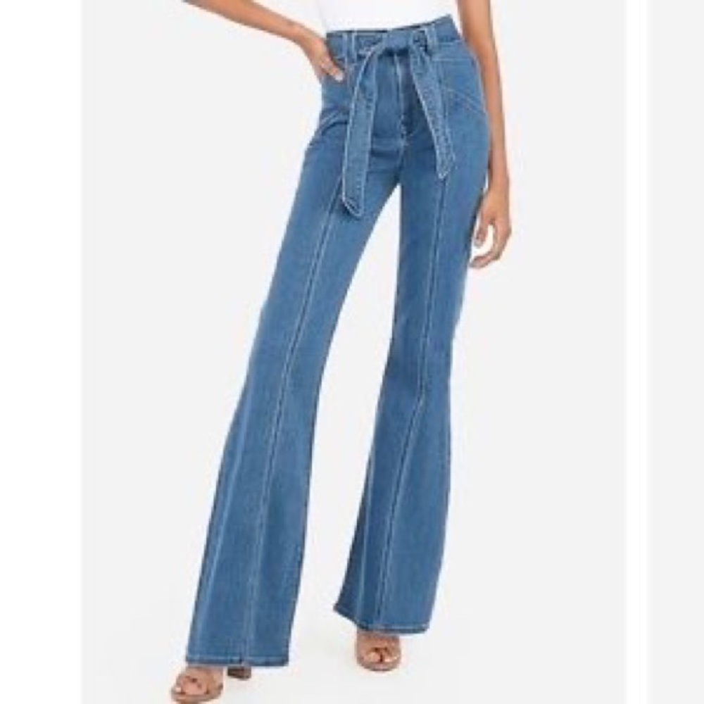 Express High Waisted Tie Belt Slim Flare Seamed Jeans